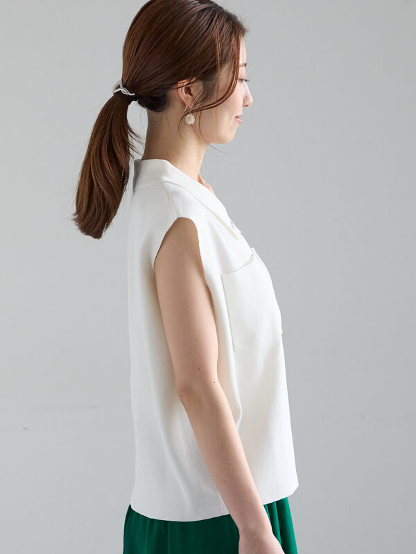 セール】 総針Wポケットスリーブレスポロニット（オフホワイト/グレー