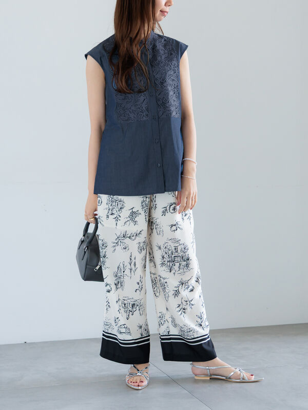 シャツ ブラウス リーフプリント ノースリーブロングシャツ メンズ セール リーフレースノースリーブチュニックシャツ（オフホワイト