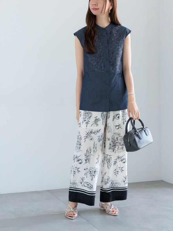 セール】 リーフレースノースリーブチュニックシャツ（オフホワイト