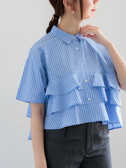 セール】 フリルクロップトハーフスリーブシャツ（グレー/サックス