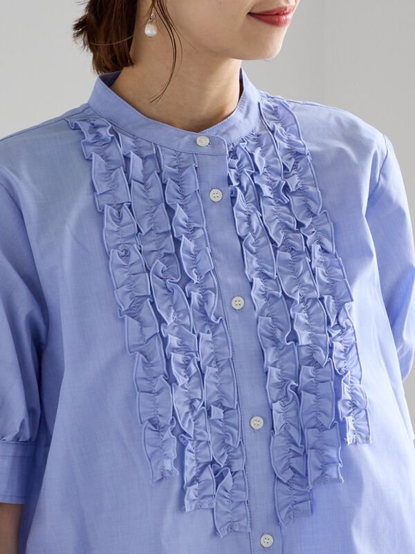 セール】 フロントフリル5分袖ブラウス（ブラック/サックスブルー