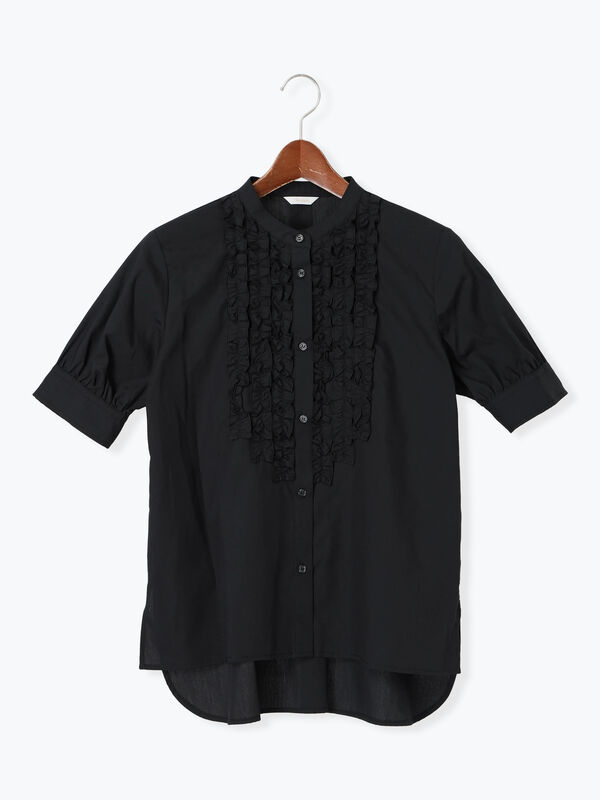 セール】 フロントフリル5分袖ブラウス（ブラック/サックスブルー