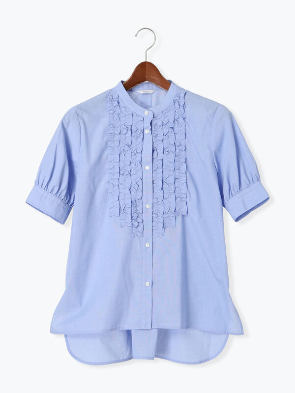 セール】 フロントフリル5分袖ブラウス（ブラック/サックスブルー