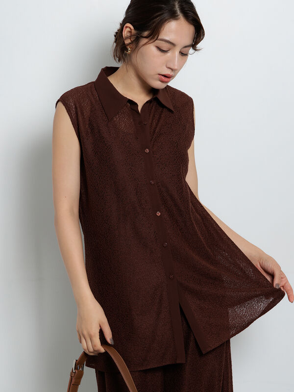 セール】 クレープメッシュノースリーブシャツ（セットアップ可