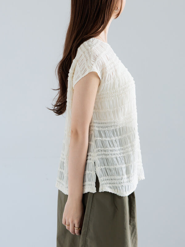 セール】 ミニフリルボーダーブラウス（オフホワイト/チャコールグレー