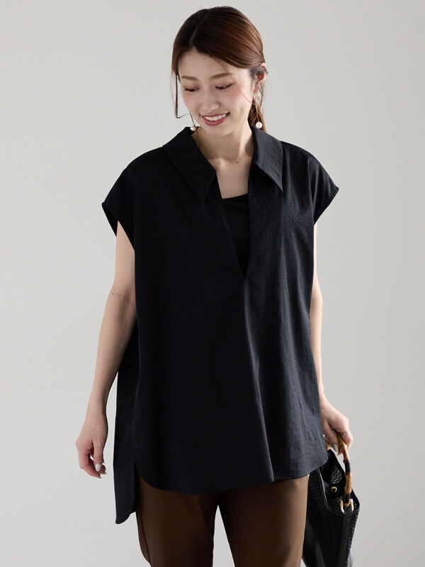 セール】 フィブリルスキッパーノースリーブシャツ（ブラック/ブラウン