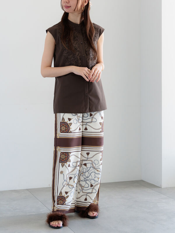 セール】 スカーフプリントパンツ（セットアップ可）（ブラウン