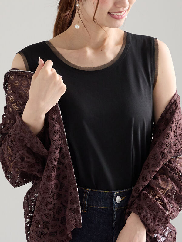 セール】 チュールトリムタンクトップ（チャコールグレー/ブラック