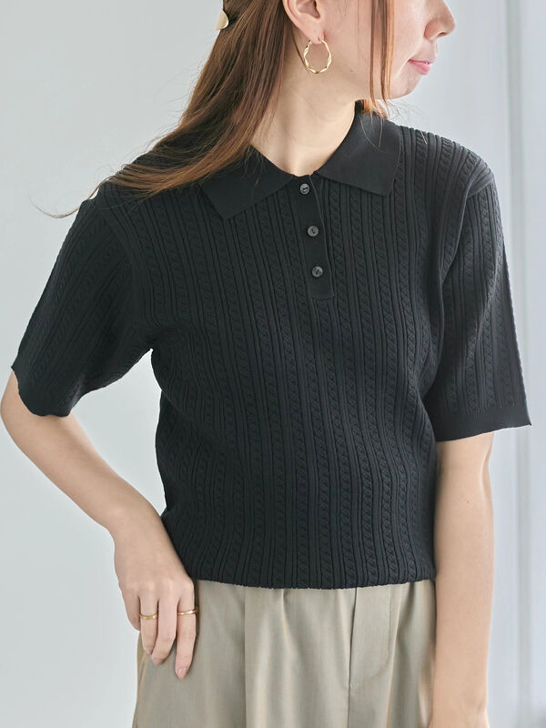 セール】 ミニケーブルポロニット（ブラック/ピンク/ブラウン/トップス