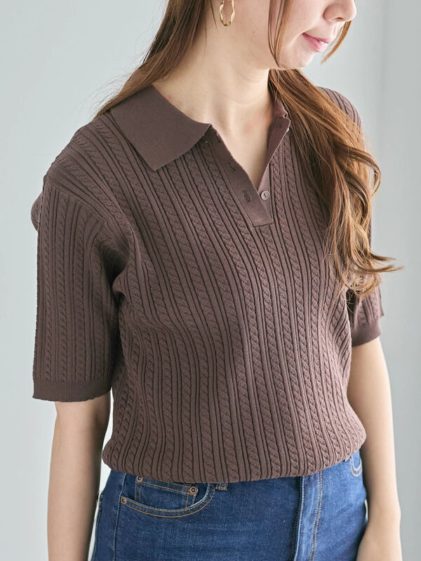 セール】 ミニケーブルポロニット（ブラック/ピンク/ブラウン/トップス