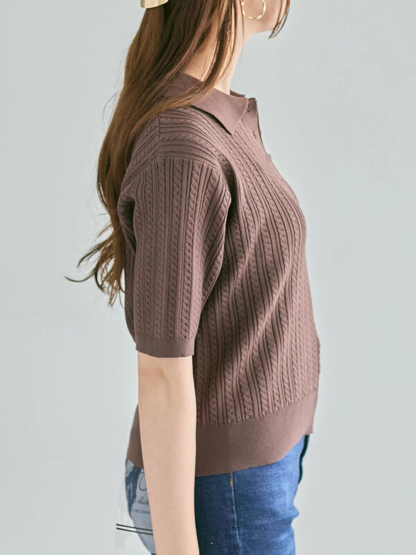 セール】 ミニケーブルポロニット（ブラック/ピンク/ブラウン/トップス