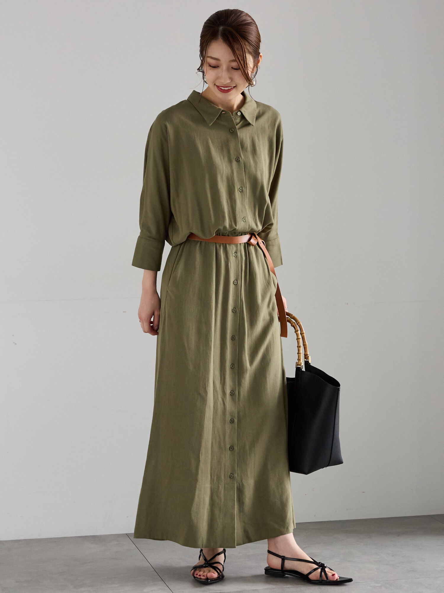 CELINE カーキシャツワンピース 長袖 ベルト付き 9224j220020-1.jpg