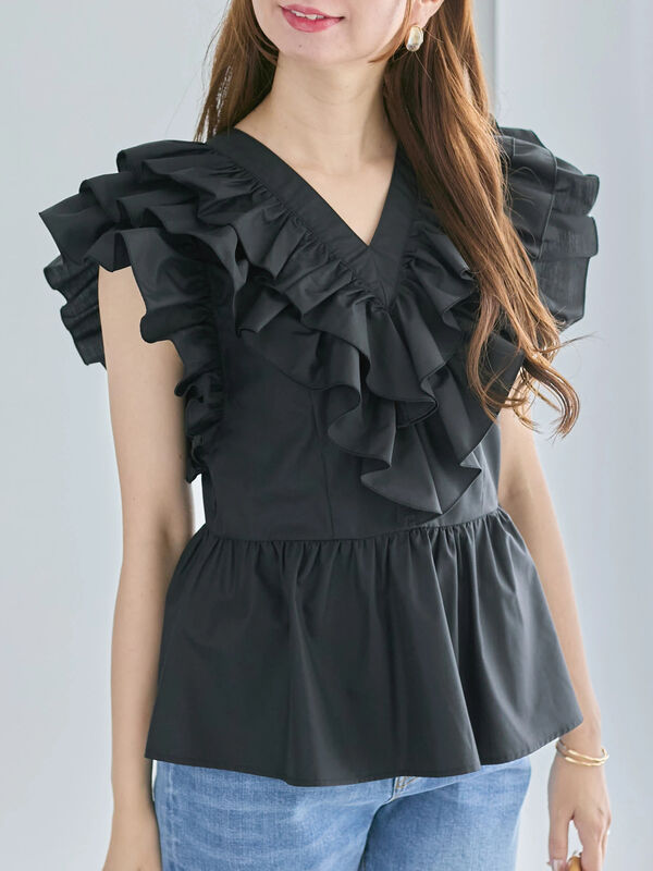 セール】 ギャザーフリルペプラムブラウス（オフホワイト/ブラック