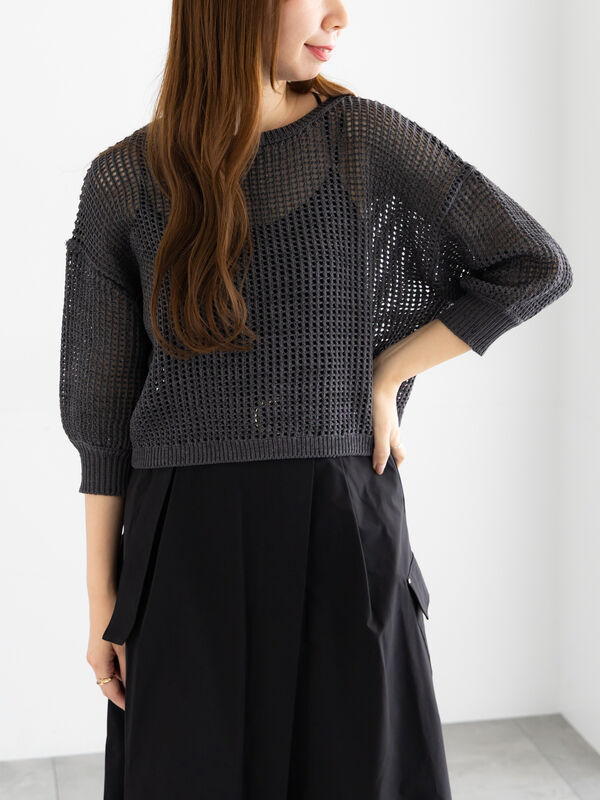 スパンコールメッシュハーフスリーブニット《2025Autumn catalog item》（チャコールグレー）｜Te chichi（テチチ）通販