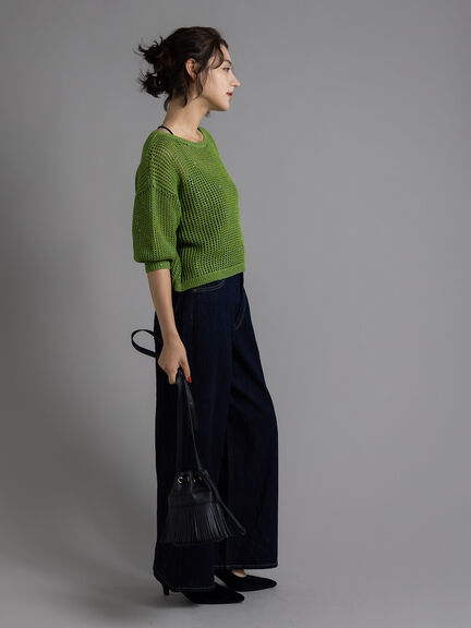 スパンコールメッシュハーフスリーブニット《2025Autumn catalog item》（チャコールグレー/ピンク/グリーン）｜Te chichi（テチチ）通販