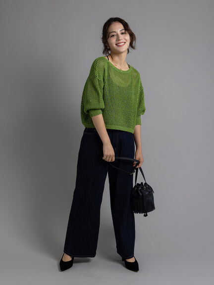スパンコールメッシュハーフスリーブニット《2025Autumn catalog item》（チャコールグレー/ピンク/グリーン）｜Te chichi（テチチ）通販