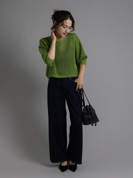 スパンコールメッシュハーフスリーブニット《2025Autumn catalog item》（チャコールグレー/ピンク/グリーン）｜Te chichi（テチチ）通販