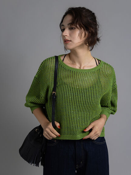スパンコールメッシュハーフスリーブニット《2025Autumn catalog item》（チャコールグレー/ピンク/グリーン）｜Te chichi（テチチ）通販