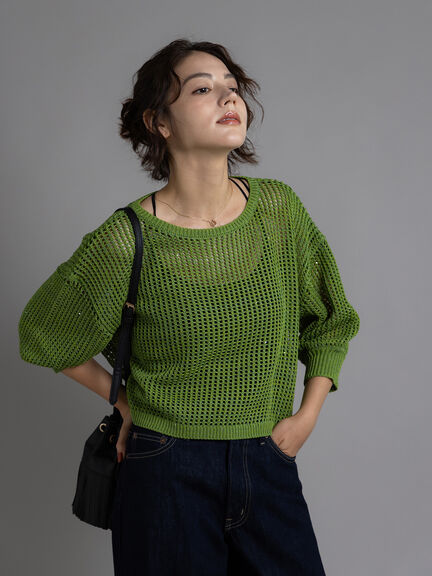 スパンコールメッシュハーフスリーブニット《2025Autumn catalog item》（チャコールグレー/ピンク/グリーン）｜Te chichi（テチチ）通販