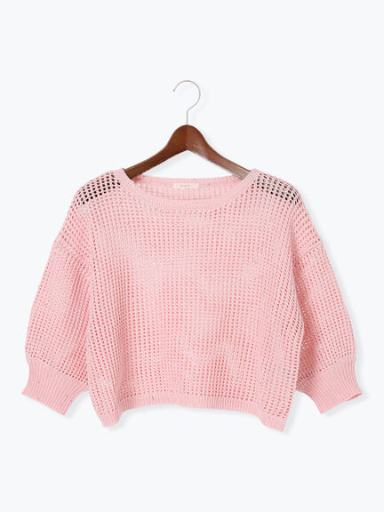 スパンコールメッシュハーフスリーブニット《2025Autumn catalog item》（チャコールグレー/ピンク/グリーン）｜Te chichi（テチチ）通販