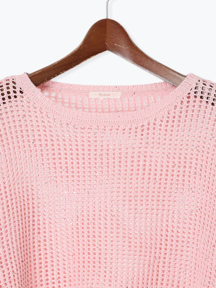 スパンコールメッシュハーフスリーブニット《2025Autumn catalog item》（チャコールグレー/ピンク/グリーン）｜Te chichi（テチチ）通販