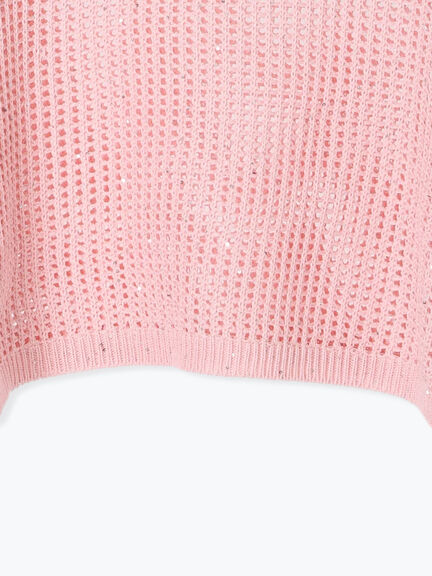 スパンコールメッシュハーフスリーブニット《2025Autumn catalog item》（チャコールグレー/ピンク/グリーン）｜Te chichi（テチチ）通販