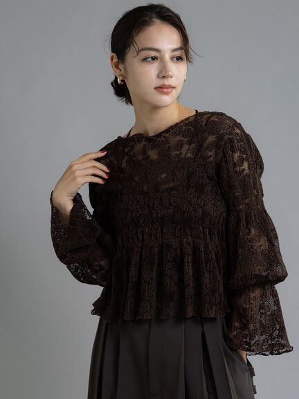【Atelier plier】プリーツレースシャーリングトップス《2025Autumn catalog item》（ブラウン）｜Te chichi（テチチ）通販