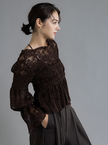 【Atelier plier】プリーツレースシャーリングトップス《2025Autumn catalog item》（ブラウン）｜Te chichi（テチチ）通販