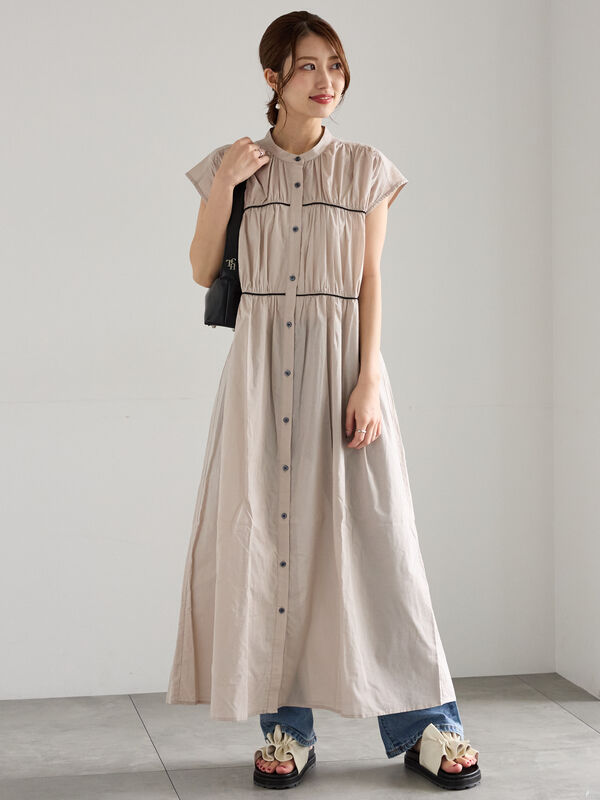 セール】 バイカラーパイピングワンピース（ブラック/ベージュ