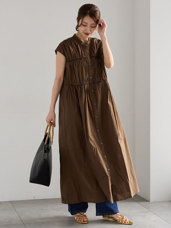 セール】 バイカラーパイピングワンピース（ブラック/ベージュ/カーキ