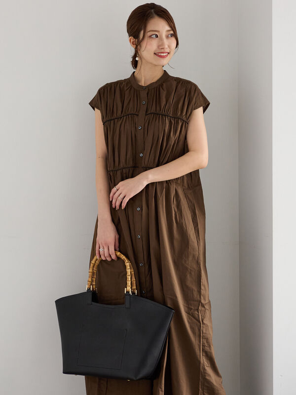 セール】 バイカラーパイピングワンピース（ブラック/ベージュ/カーキ