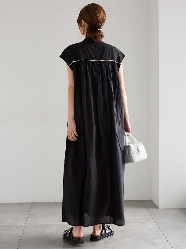 セール】 バイカラーパイピングワンピース（ブラック/ベージュ/カーキ