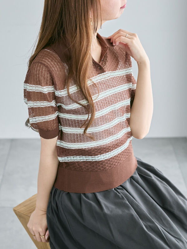 ONCILY マルチボーダーソフトタッチニットポロ　ブラウン/ Lサイズ MULTI BORDER SOFT TOUCH KNIT POLO / マルチボーダーソフトタッチ