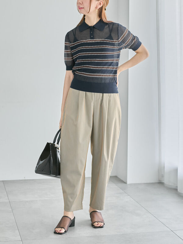 セール】 透かしマルチボーダーニットポロ（ブラウン/ネイビー