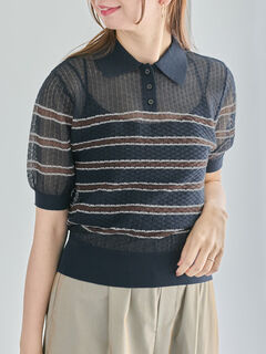 セール】 透かしマルチボーダーニットポロ（ブラウン/ネイビー