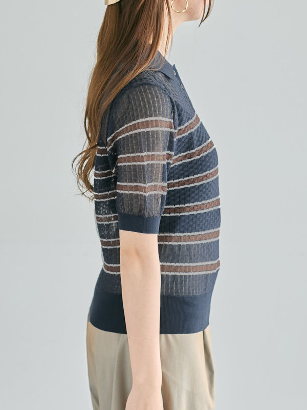 セール】 透かしマルチボーダーニットポロ（ブラウン/ネイビー