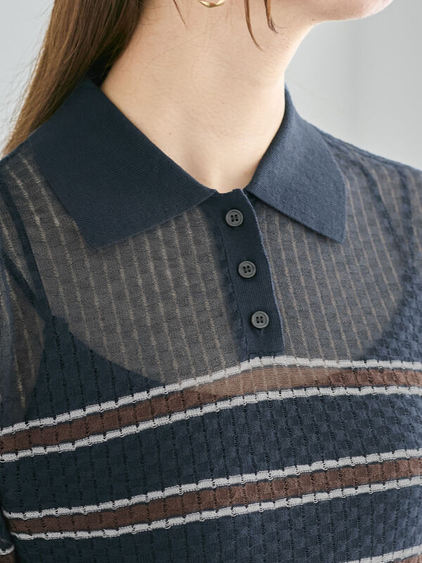 セール】 透かしマルチボーダーニットポロ（ブラウン/ネイビー