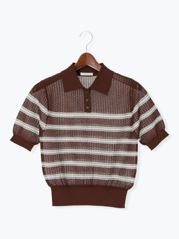 セール】 透かしマルチボーダーニットポロ（ブラウン/ネイビー
