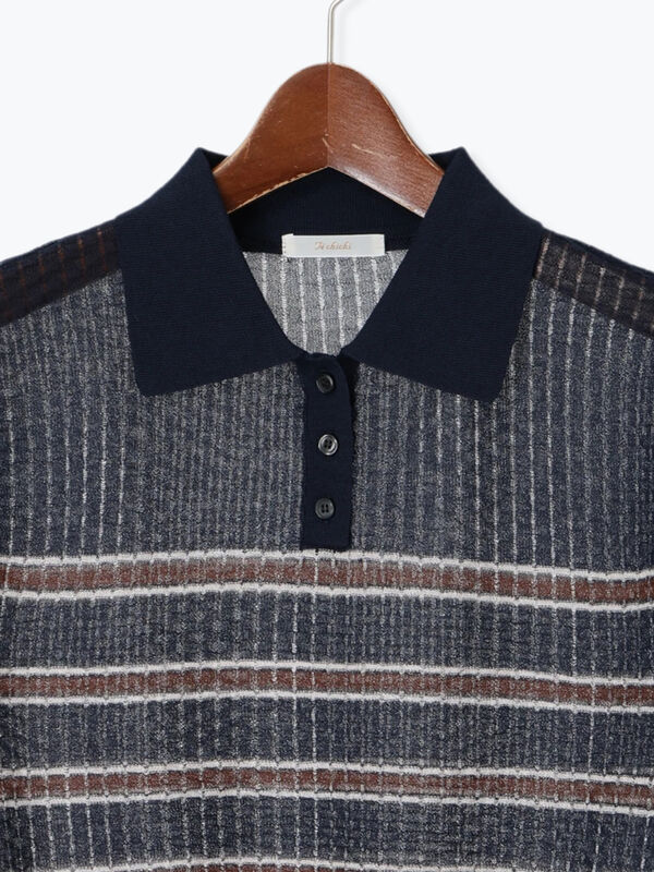 セール】 透かしマルチボーダーニットポロ（ブラウン/ネイビー