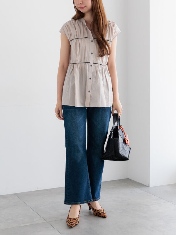 セール】 バイカラーパイピングブラウス（ブラック/ベージュ/カーキ