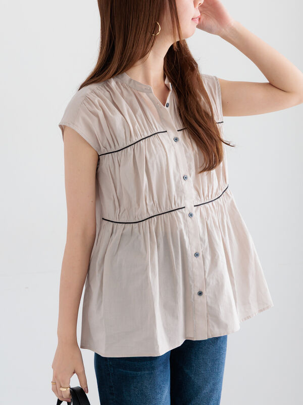 セール】 バイカラーパイピングブラウス（ブラック/ベージュ