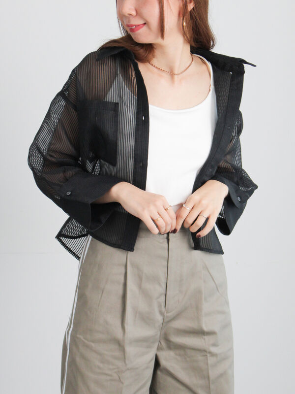 セール】 シアーコードストライプシャツジャケット（ブラック