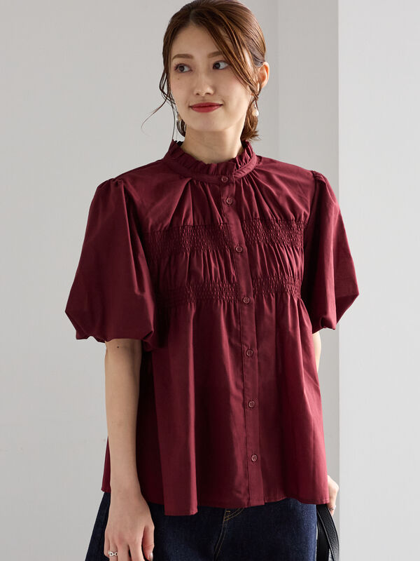 セール】 スタンドフリル5分袖シャーリングブラウス（ブラック