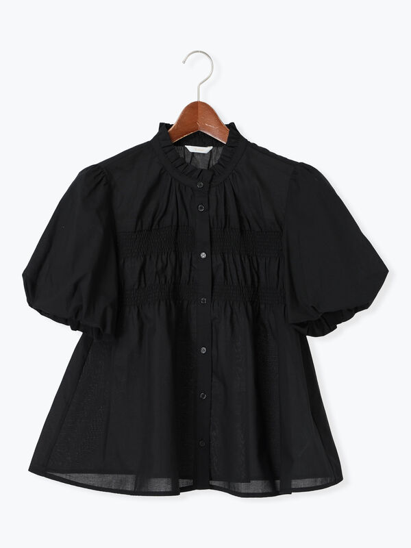 セール】 スタンドフリル5分袖シャーリングブラウス（ブラック