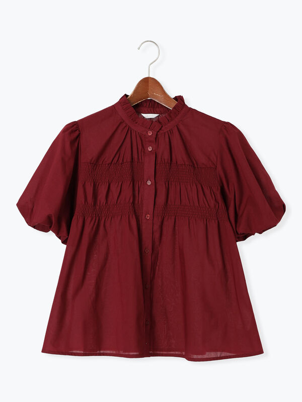 セール】 スタンドフリル5分袖シャーリングブラウス（ブラック