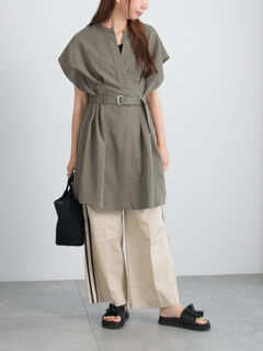 ★カーキ× ブラック デニム リメイク ミリタリー リネン チュニック ワンピ★ 綿100％バックサテンミリタリーシャツ＜大きいサイズ有＞シック