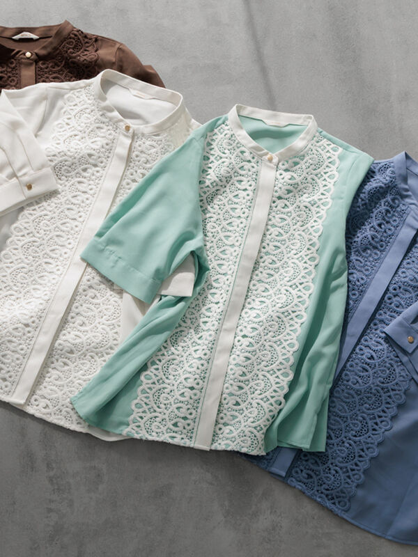 セール】 【WEB限定カラーあり】フロントレース5分袖ブラウス（オフ