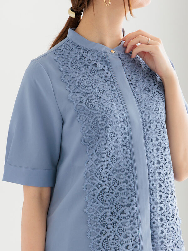 5285【美品】45R 度甘平レース×天竺ブラウス 長袖プルオーバーブラウス