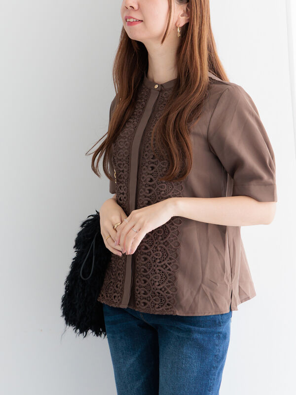 セール】 【WEB限定カラーあり】フロントレース5分袖ブラウス（オフ