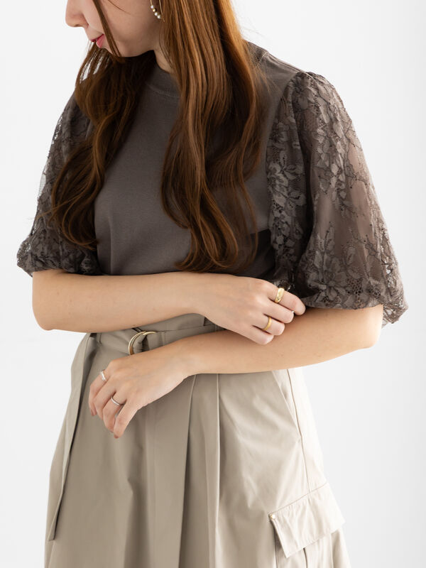 セール】 レースバルーンスリーブニット（オフホワイト/ブラック